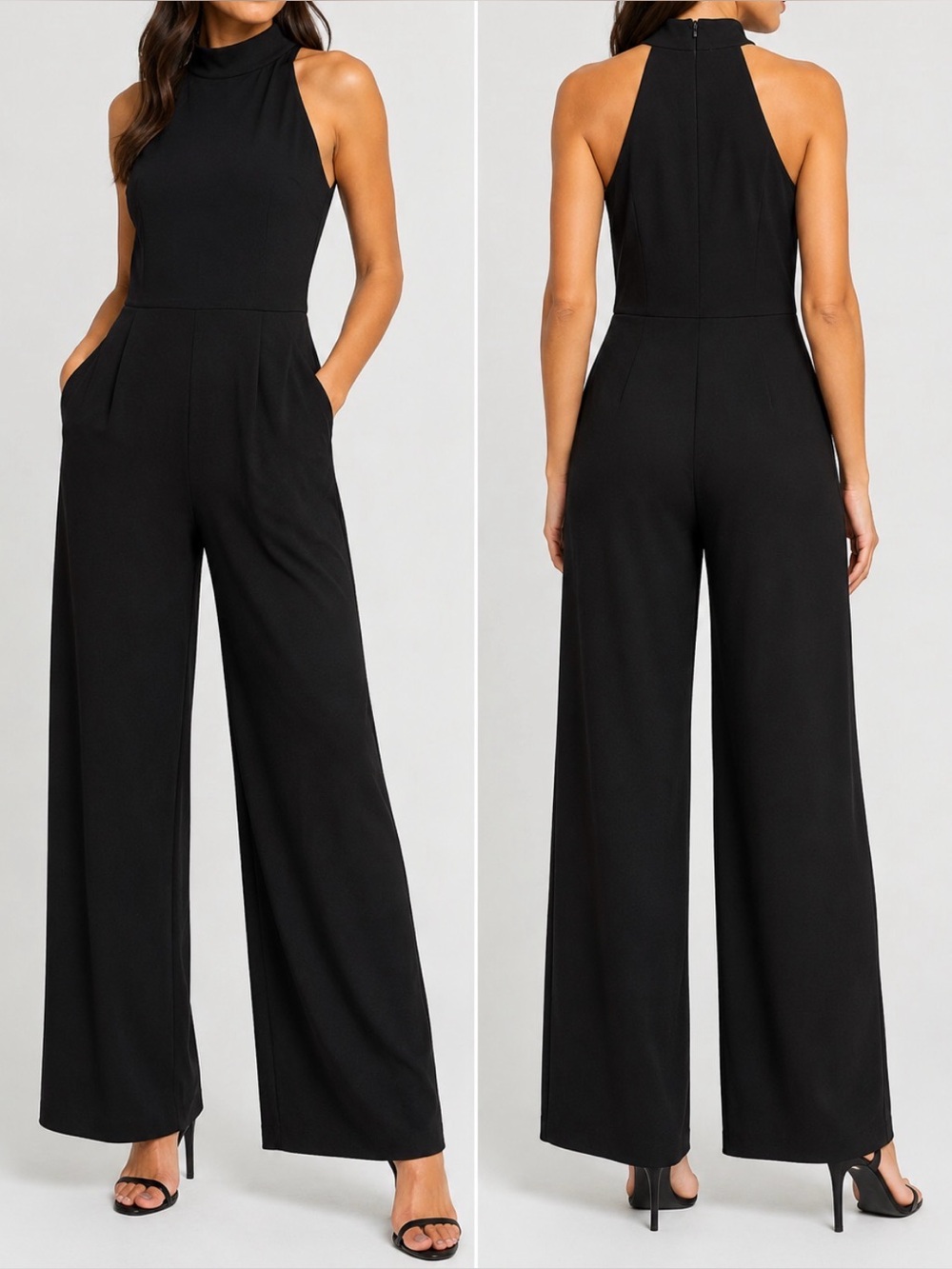 Calvin Klein Black Wide Leg Halter Jumpsuit- Size 4- Mock Neck Pockets Dressy